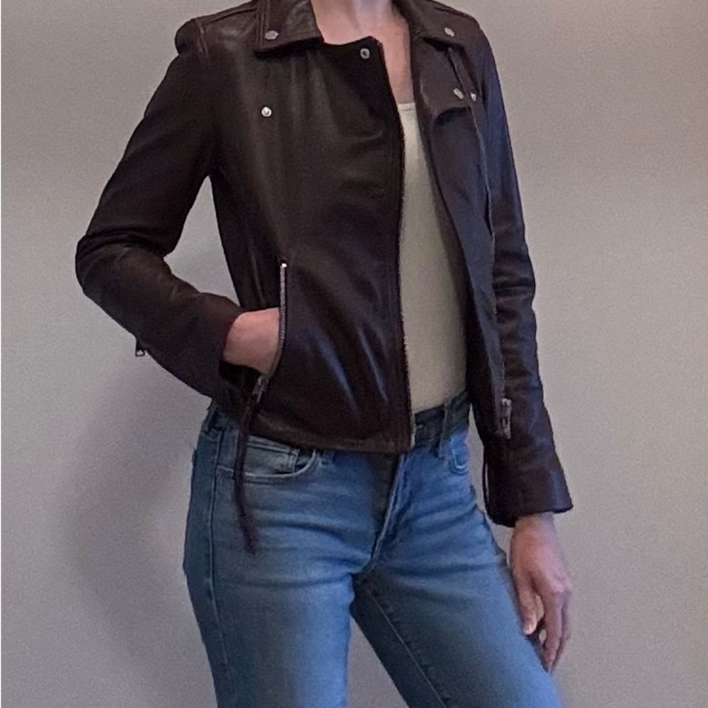 All Saints Deep Berry Leather Moto Jacket Fitted Silhouette